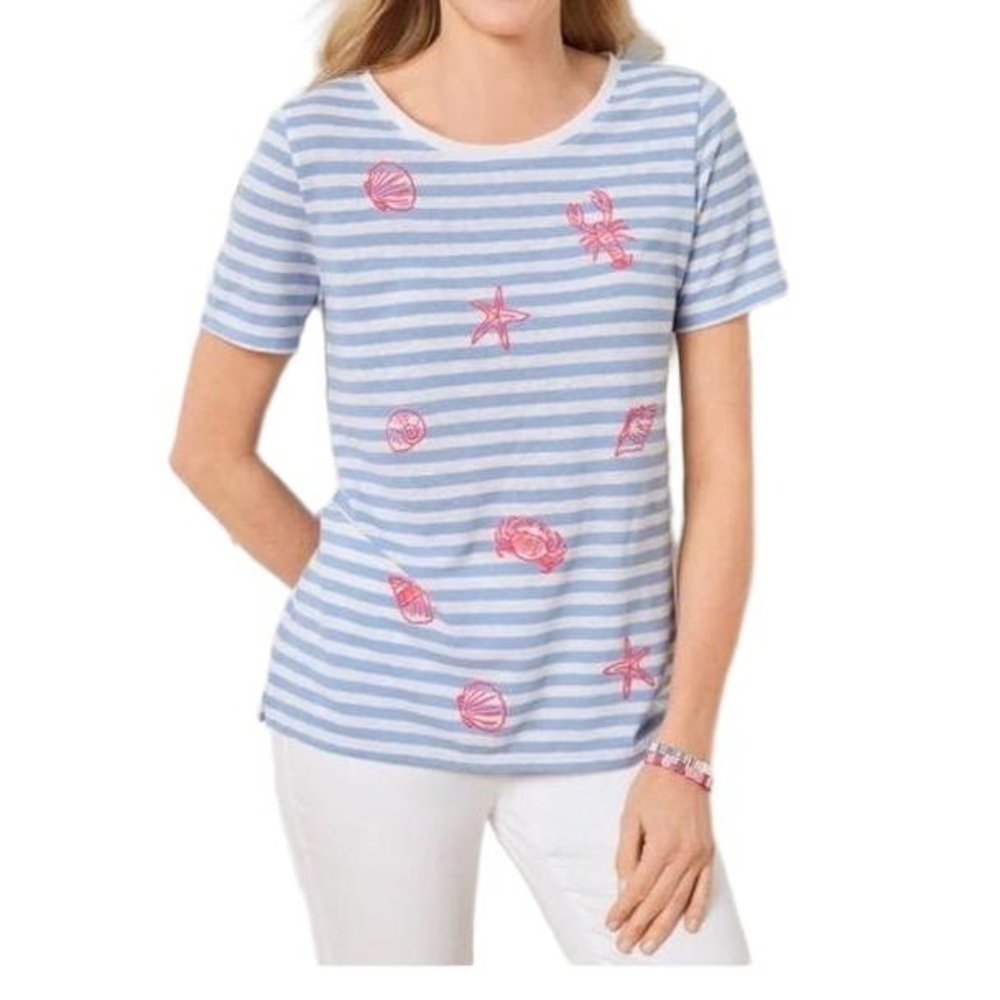 TALBOTS Tee Womens XL Light Blue Stripe Marine Crab Embroidered Nautical Coastal